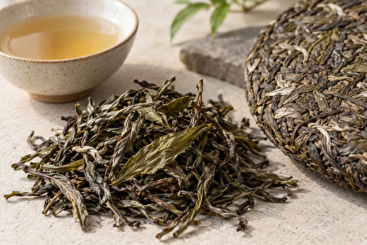 Loose young raw pu-erh leaves beside a cake and pale amber tea