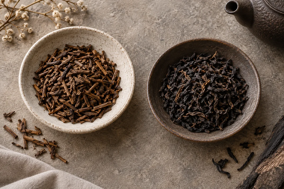 Roasted hojicha and smoked black tea arranged separately with their cups