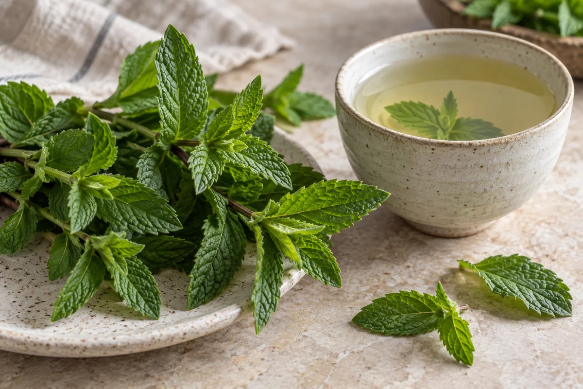 Textured spearmint leaves with a pale mint infusion