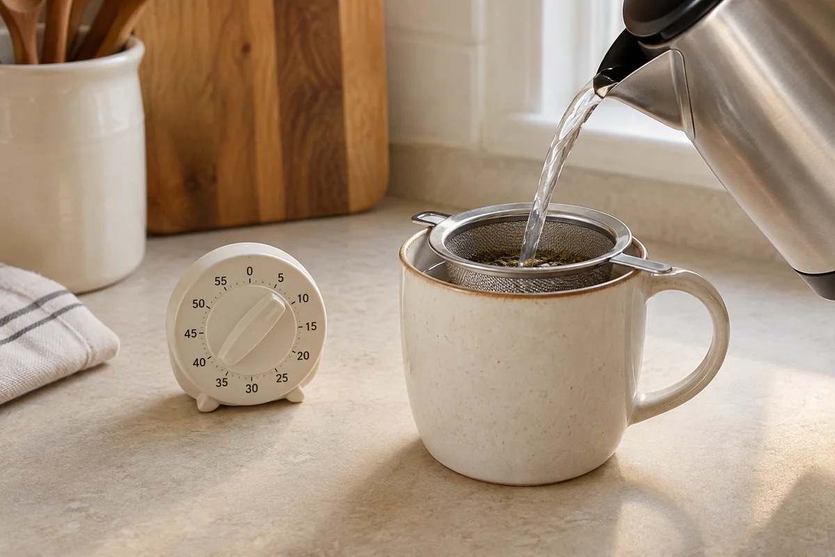 Water poured into a mug infuser beside a small kitchen timer