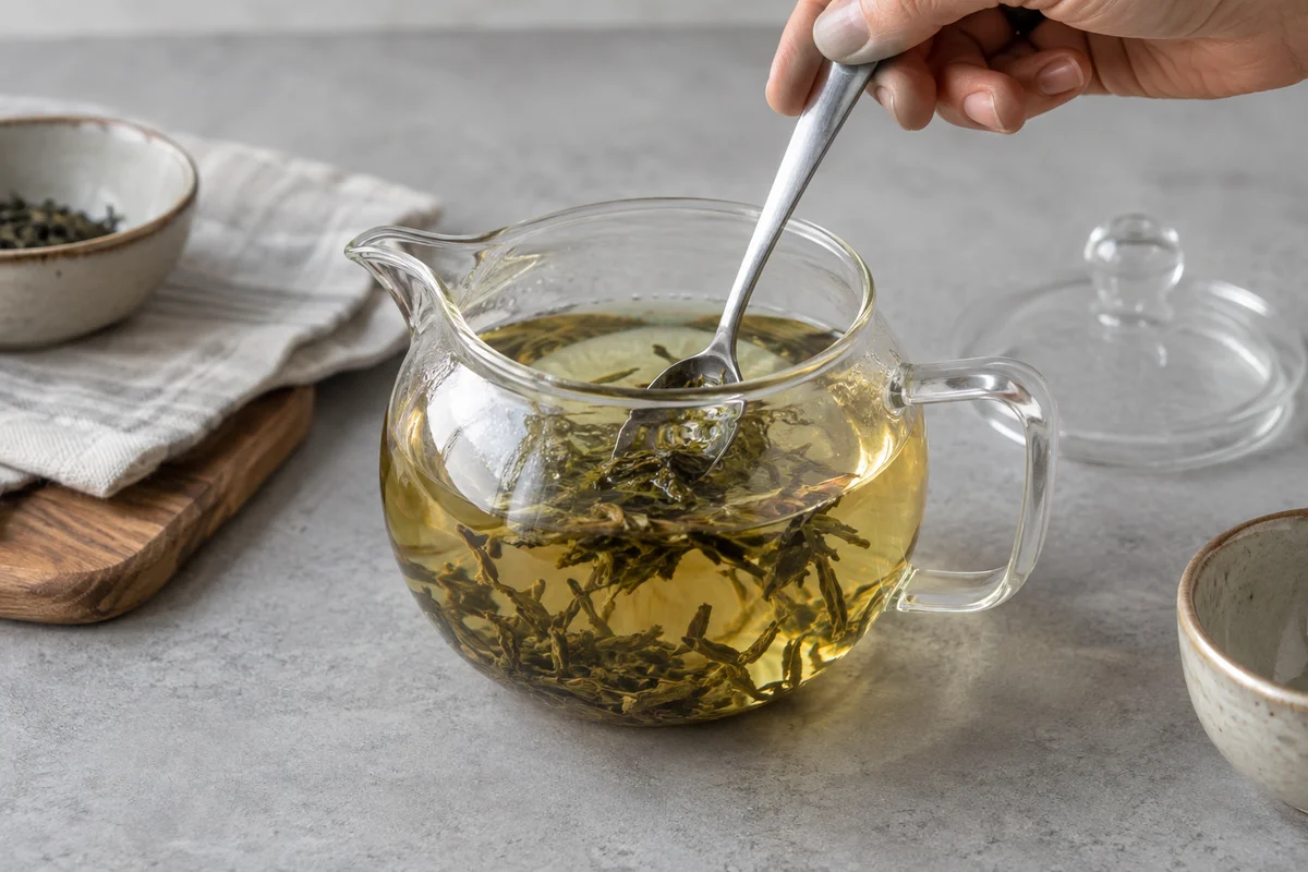 Spoon gently moving loose leaves in a glass brewing vessel