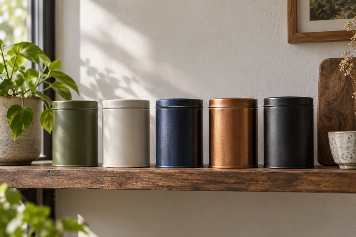Limited collection of five neat closed tea tins on narrow shelf