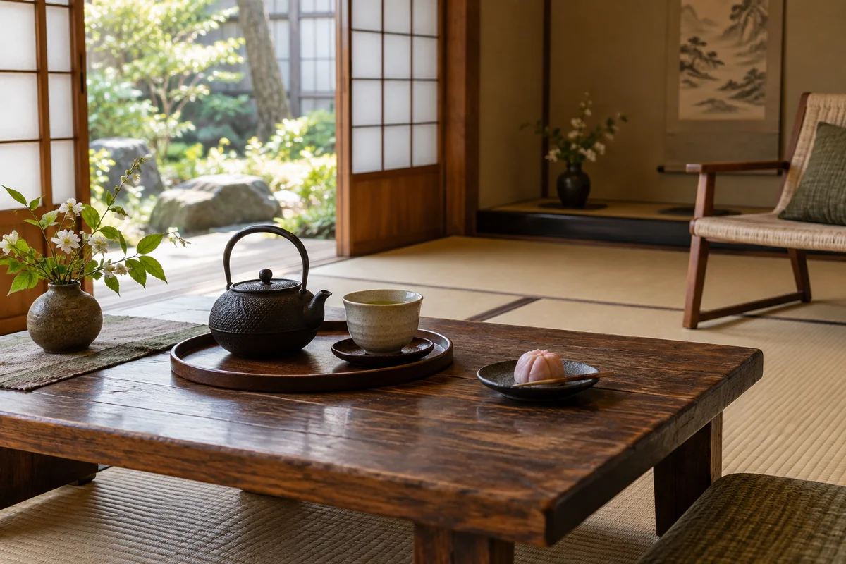Japanese tea room with low tea setup and a simple chair at the side