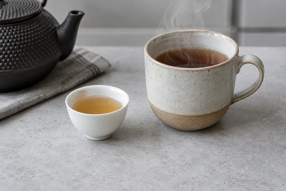 Tiny porcelain tasting cup beside a larger steaming tea cup