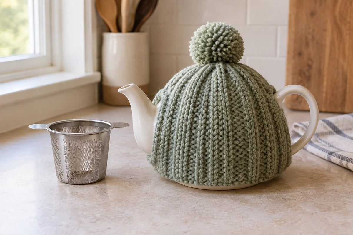 A knitted tea cosy partly covering a ceramic pot beside an empty infuser