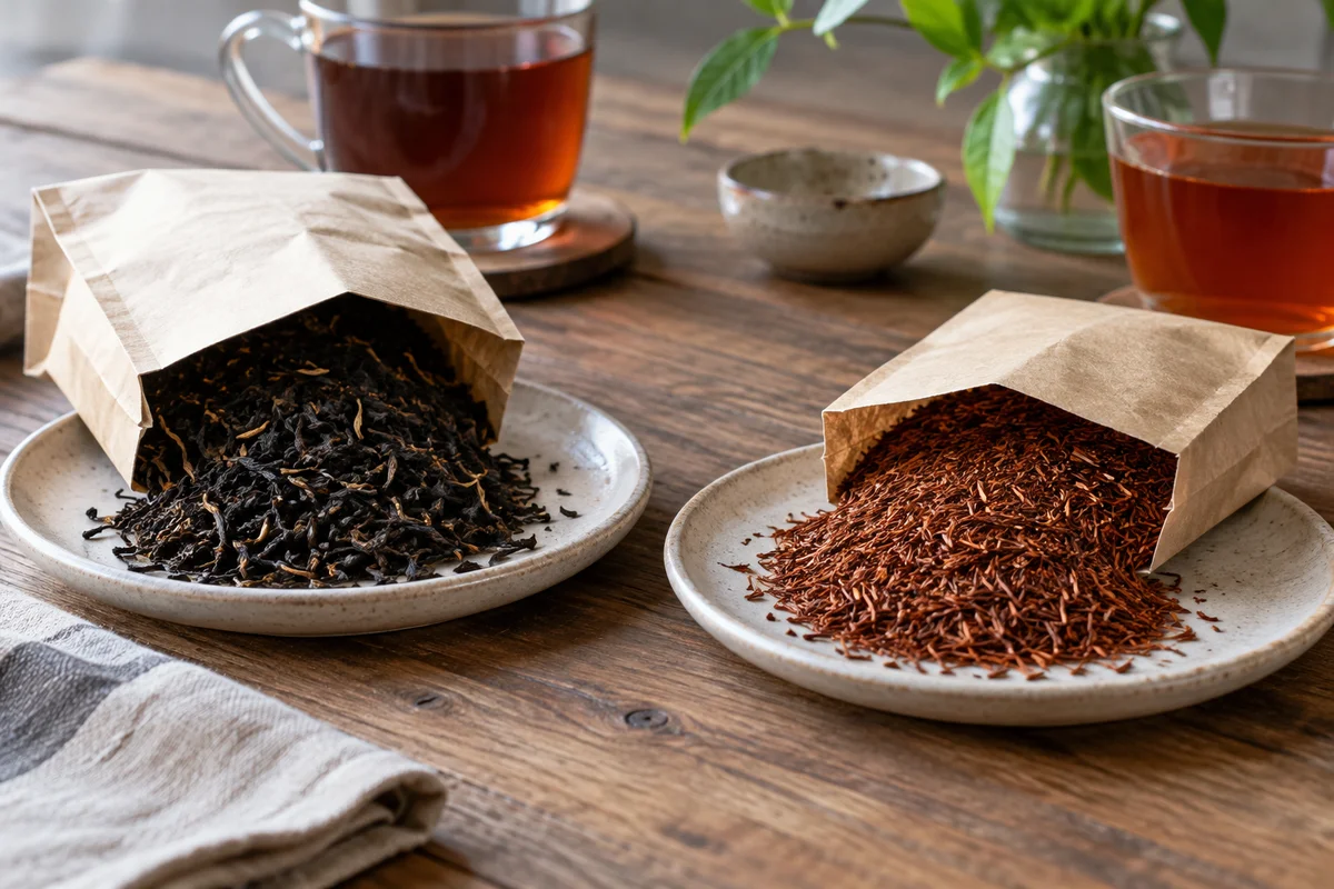Two plain packets black tea leaves and rooibos needles displayed separately