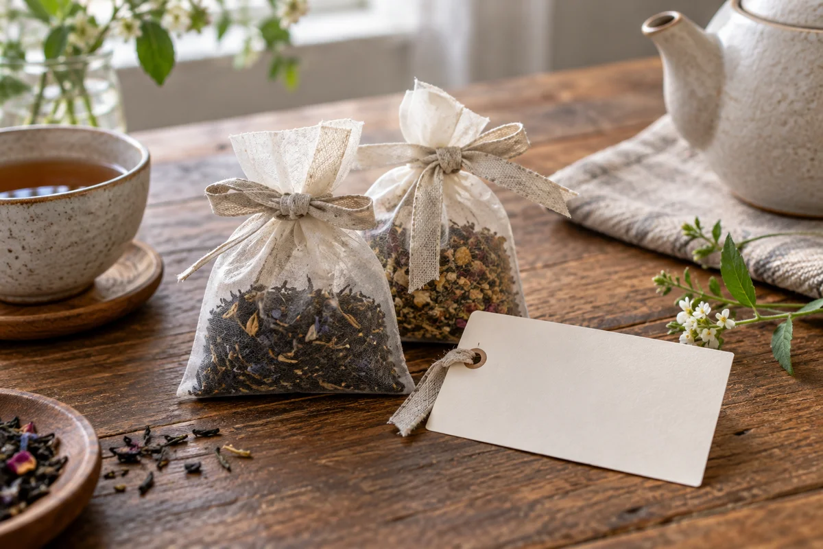 Two small tea pouches tied with linen ribbon and a handwritten blank gift card