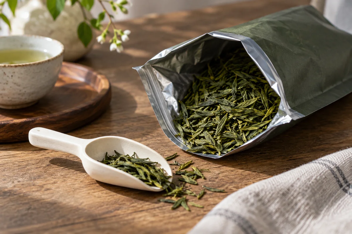Open foil pouch with vibrant dry green tea and a dry white scoop