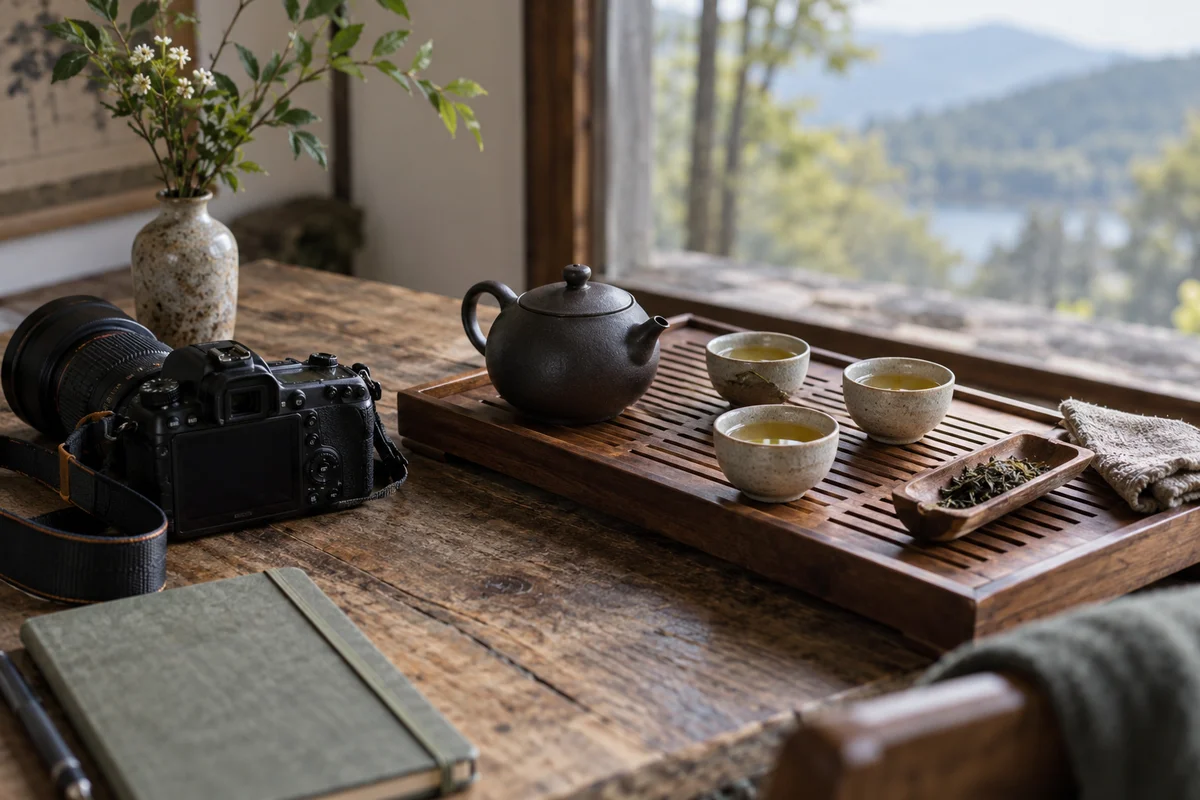 Camera resting face down beside tea tray and three small cups