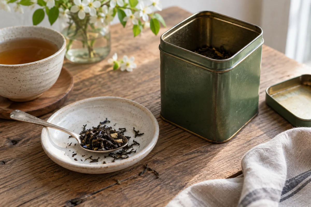 Almost empty tea tin with one dry spoonful in a small dish
