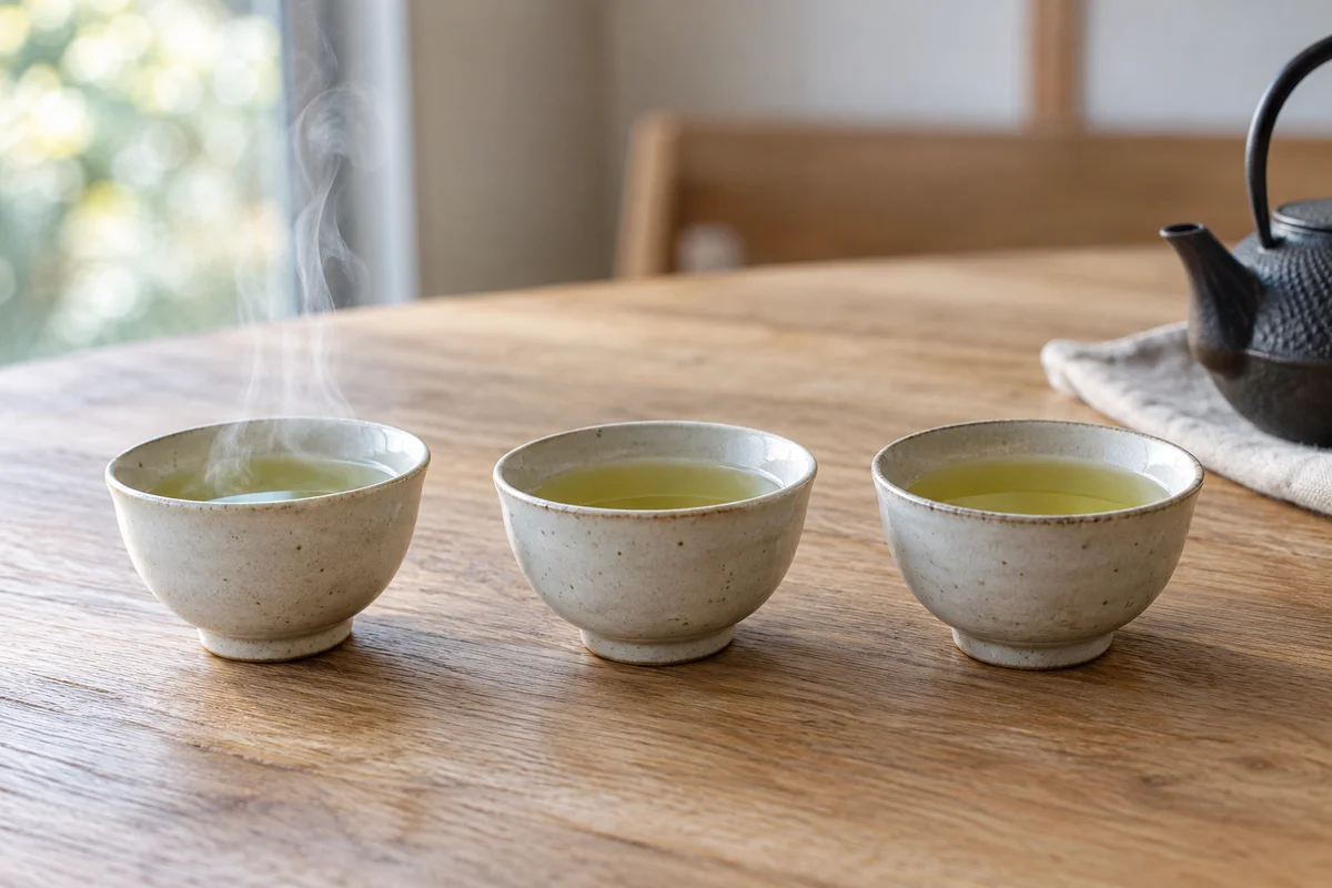 Three small tea tasting bowls lined up on a wooden table