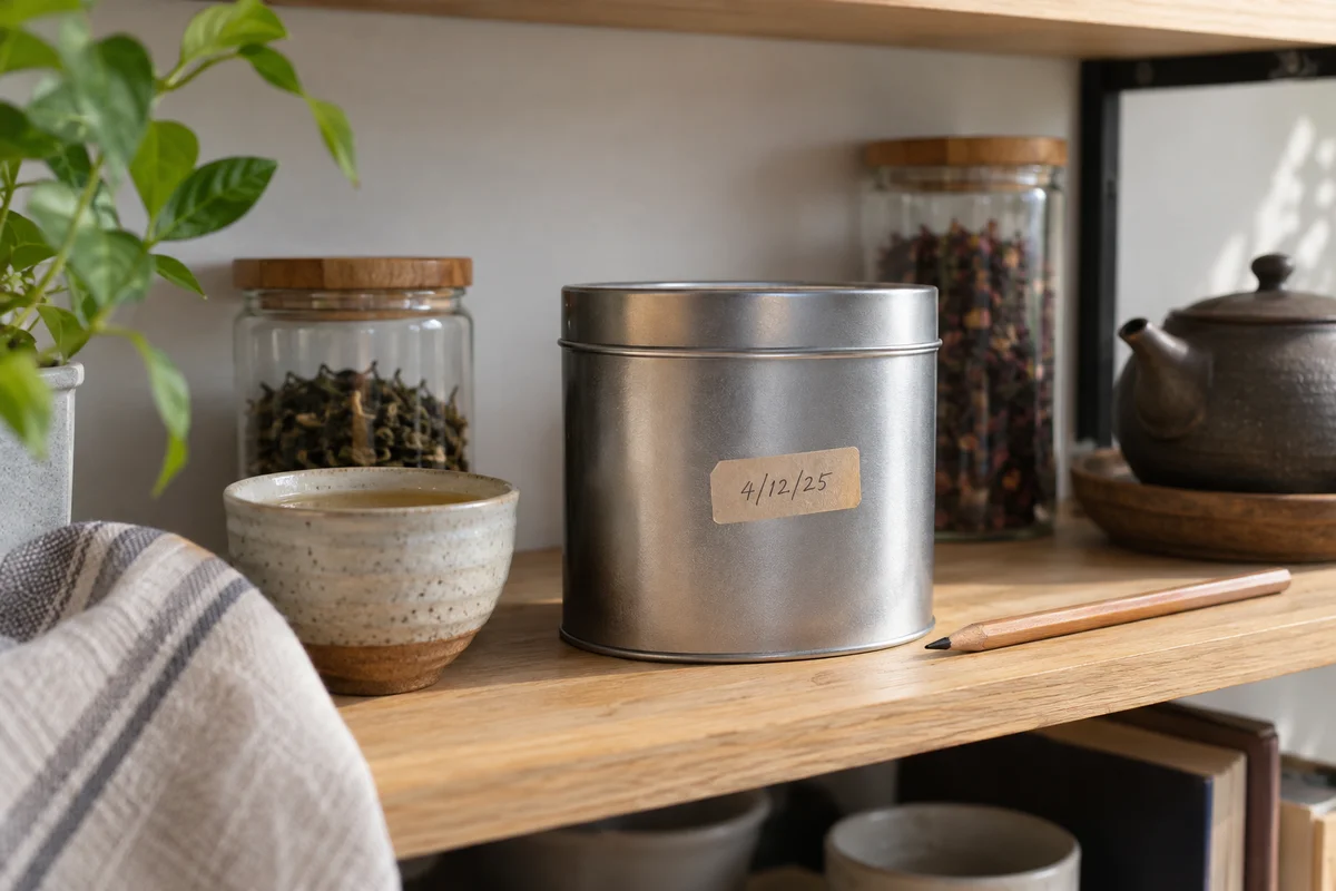 Tea tin with simple date sticker and pencil on orderly shelf