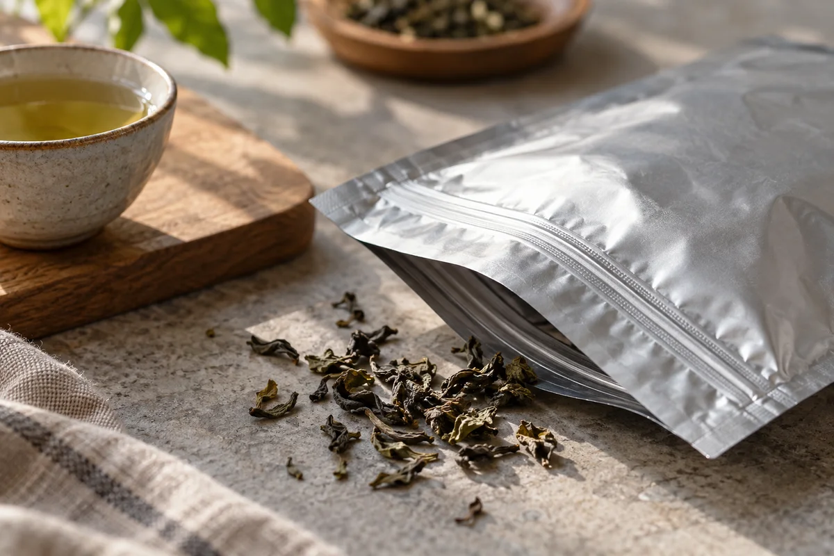 Close up clean foil tea pouch zip seal with a few leaf fragments nearby