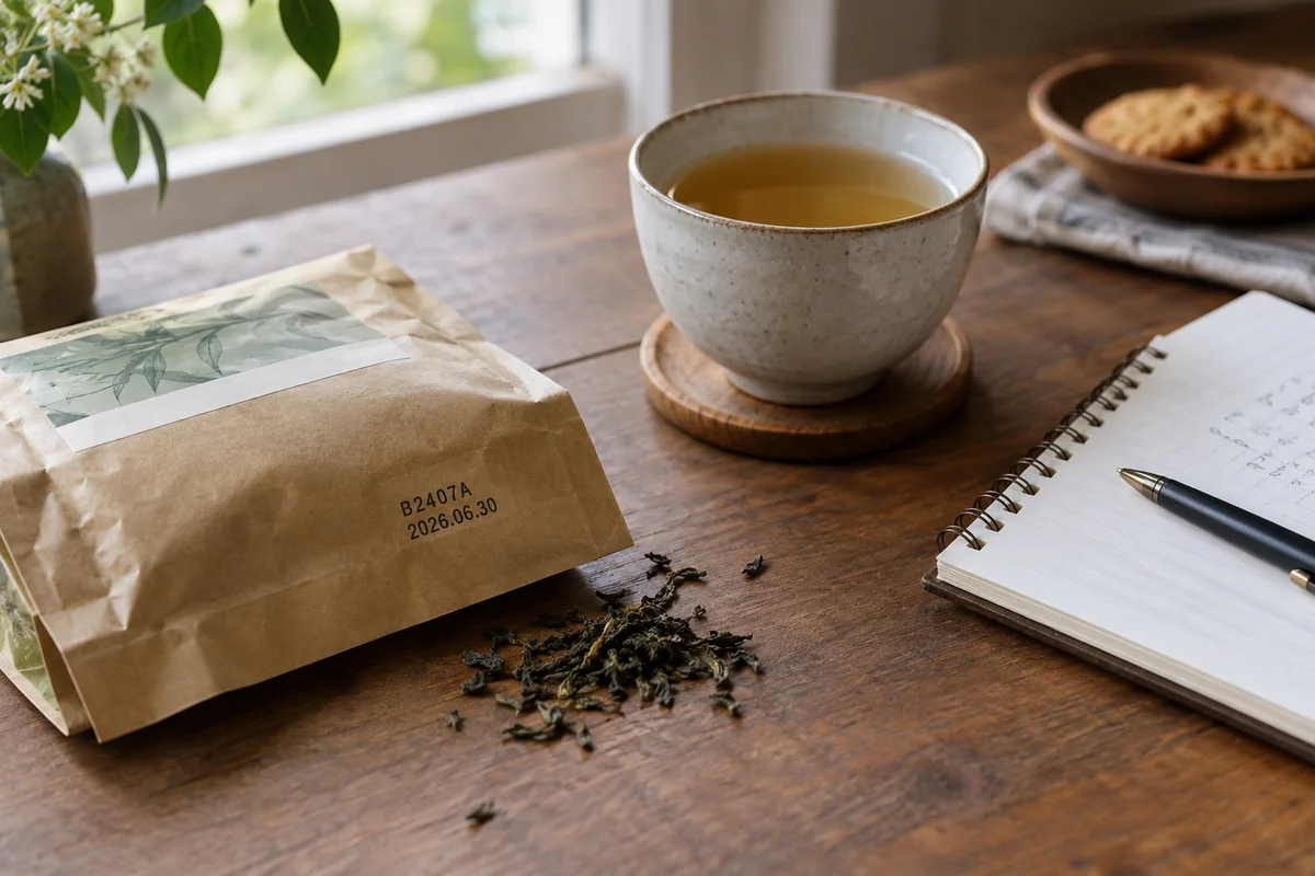 Tea packet batch code beside notebook and a cup of weak amber tea