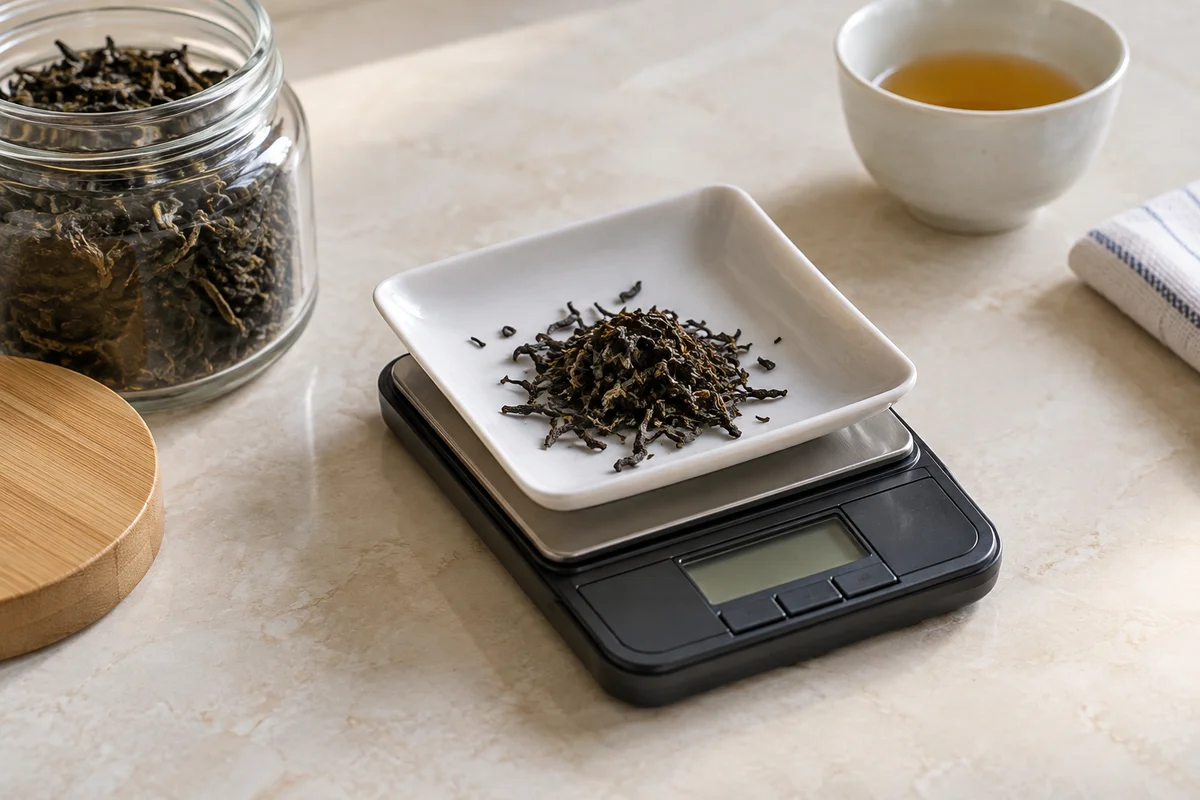 A small digital scale holding a tray of loose tea leaves