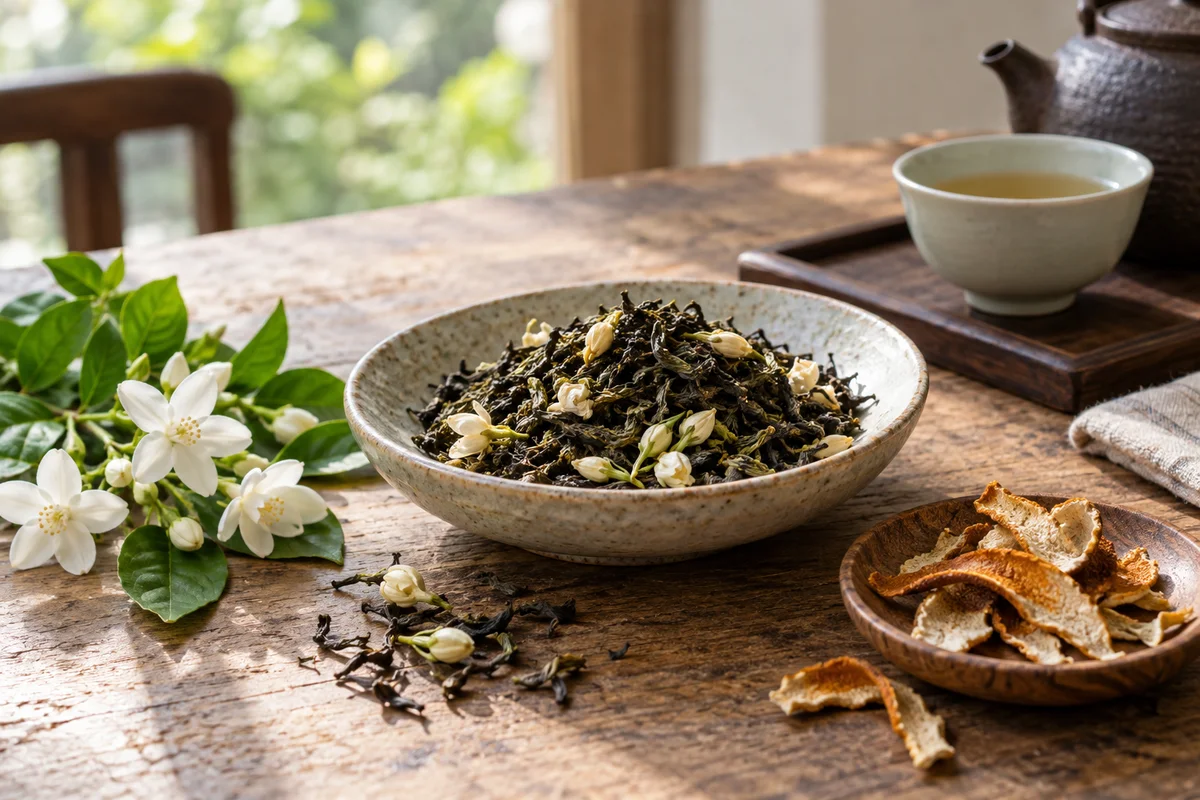Jasmine blossoms beside dry tea with separate dried citrus peel sample