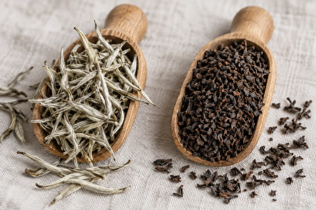 Two wooden scoops holding fluffy white tea and finely broken black tea