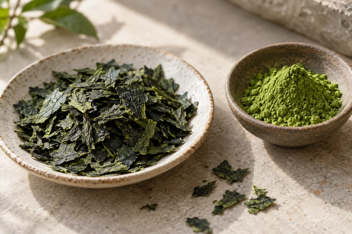 Flat dark green tencha flakes beside a separate dish of matcha powder