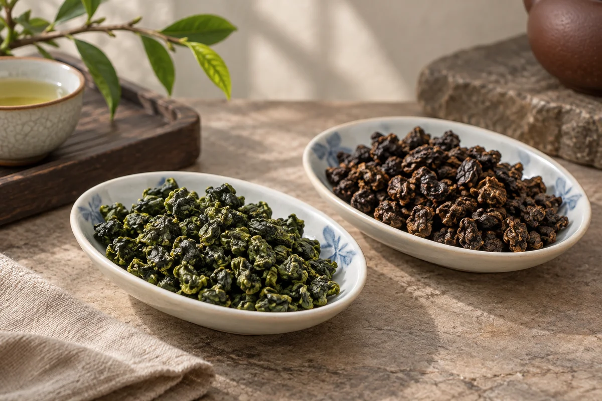 Green rolled Tieguanyin and darker roasted Tieguanyin in separate dishes