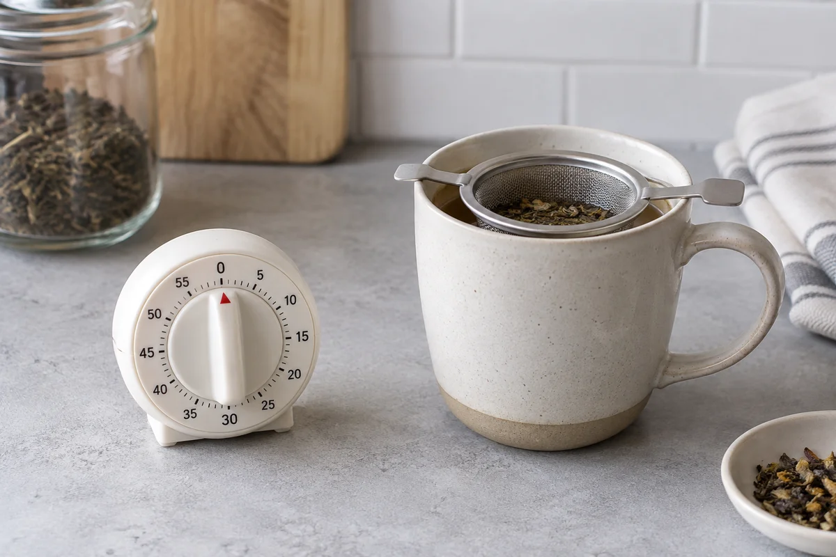 A standalone kitchen timer next to a cup with a tea infuser