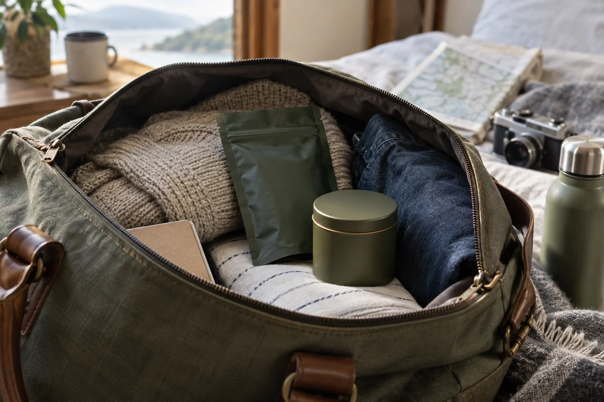 Small tightly closed tea tin and sealed pouch in open travel bag