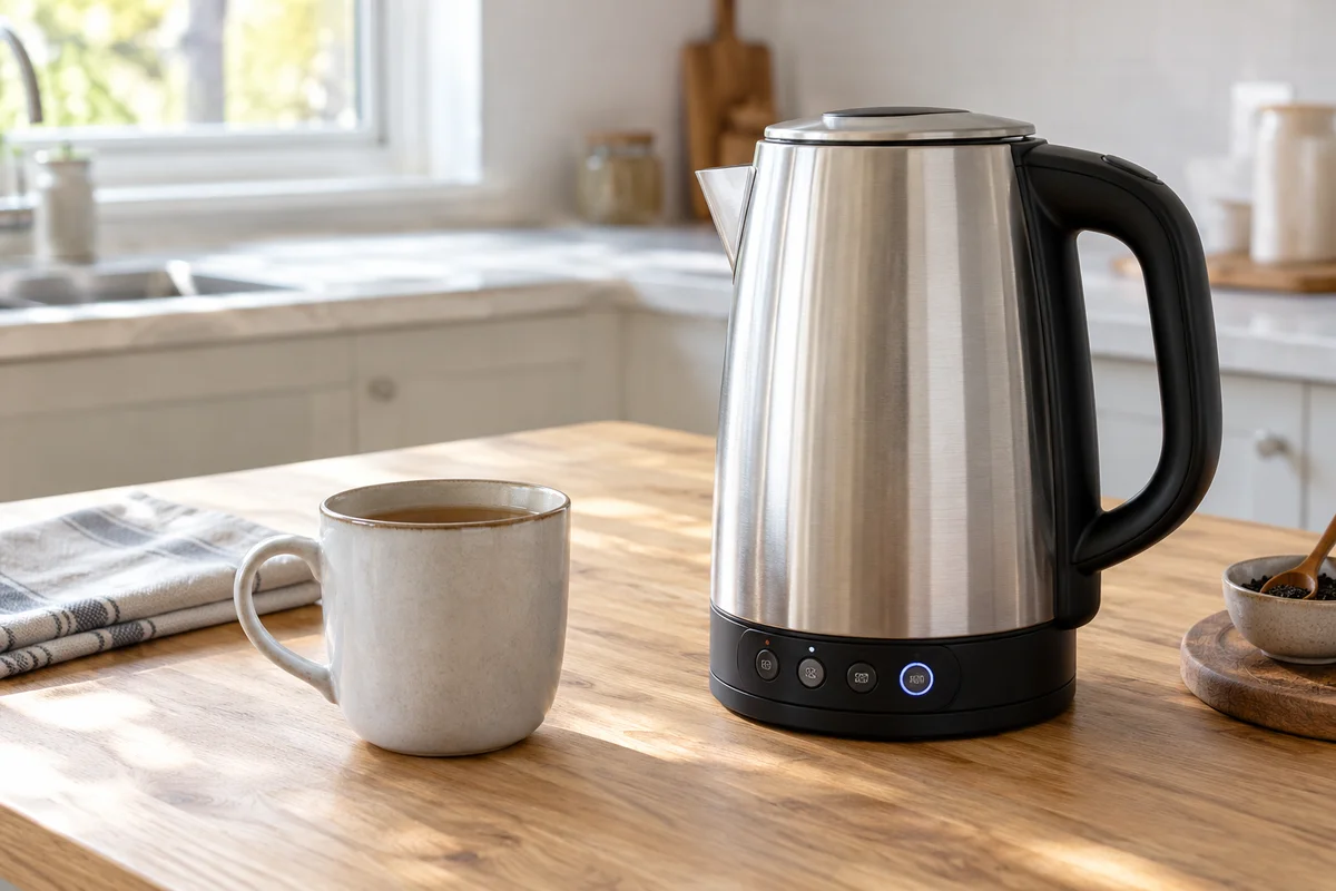 An electric kettle with temperature controls on its base