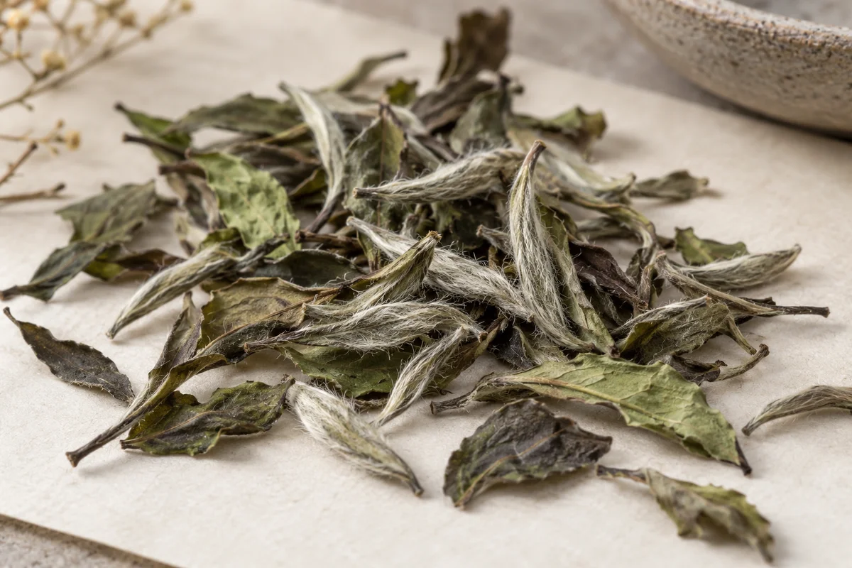 Silver buds among broad mottled green and brown Bai Mu Dan leaves