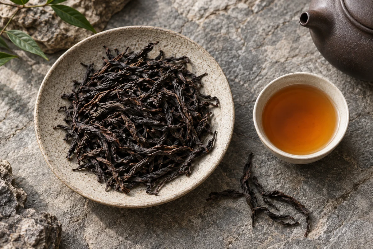 Long dark Wuyi oolong leaves beside amber tea on grey stone
