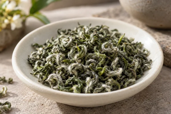 Tiny curled silver-green Biluochun leaves in an ivory dish