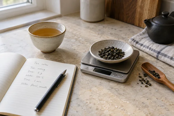 Handwritten minimal tea notes next to a tea cup and leaf weighing dish