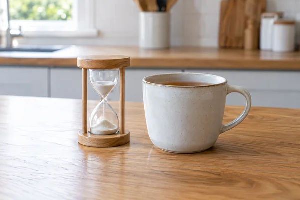 Tea timer and mug on clear kitchen counter separated from food preparation