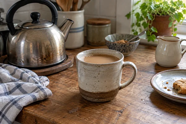 Well used ceramic mug with milk tea beside kettle in modest home kitchen