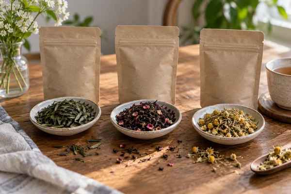 Three small unbranded sample tea pouches with different loose leaves in shallow dishes
