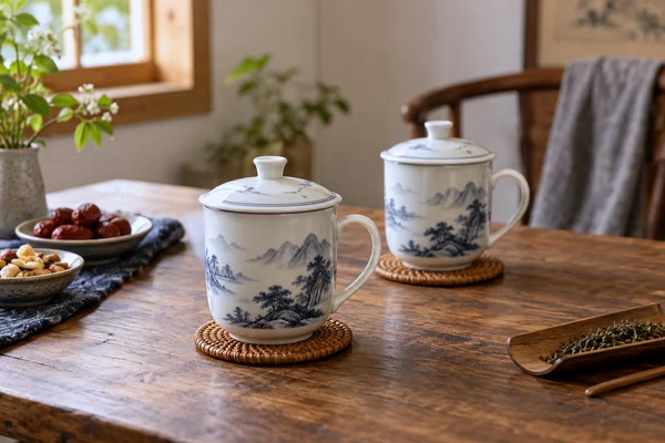 Simple chinese lidded tea mugs set for two on a wooden home table