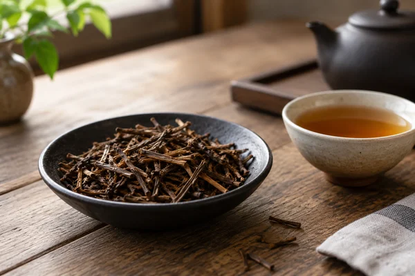 Roasted brown tea stems in a shallow black bowl beside amber cup