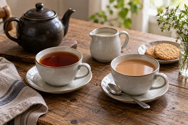 Two cups strong amber tea and tea with a small measured milk addition