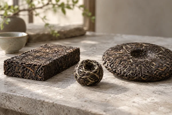 A round tea cake, rectangular tea brick and small tea nest
