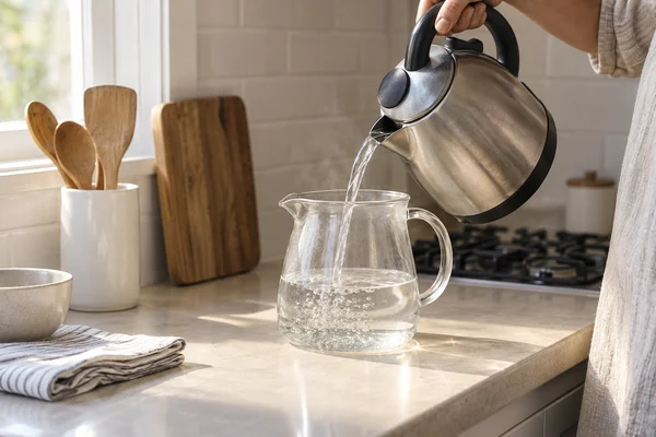 Hot water transferred into a wide heatproof pitcher near a kettle