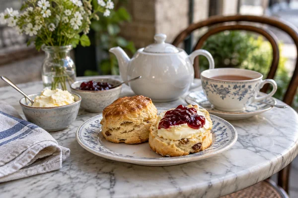 Two scones clotted cream jam and a pot of tea on small cafe table