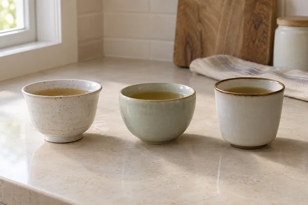 Three ceramic cups with different rim shapes arranged side by side