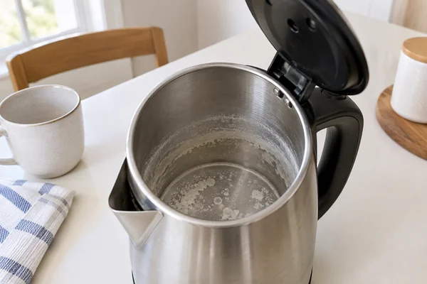 Pale mineral scale visible inside an open kettle