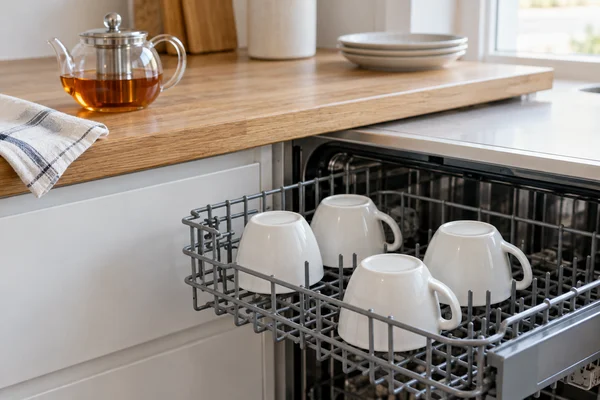 Plain tea cups on a dishwasher rack with a delicate pot kept on counter