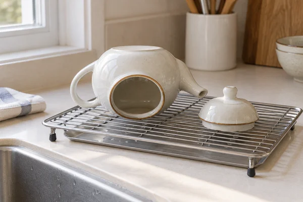 A teapot drying on a rack with its lid set separately