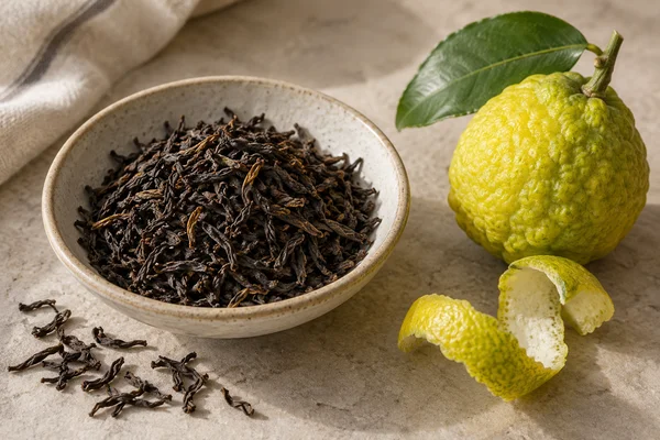 Black tea leaves with a bergamot fruit and a strip of peel