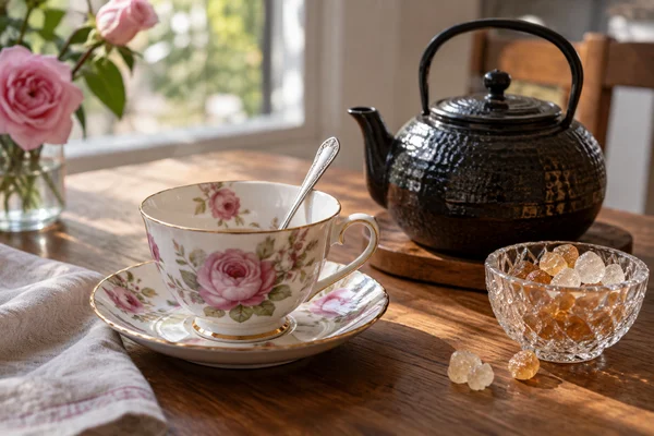 Rose porcelain teacup containing a teaspoon beside black tea pot and rock sugar