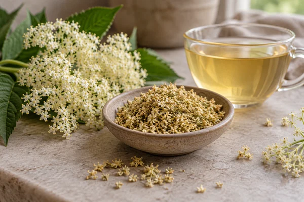 Tiny dried elderflowers beside fresh cream-coloured flower clusters and a pale infusion