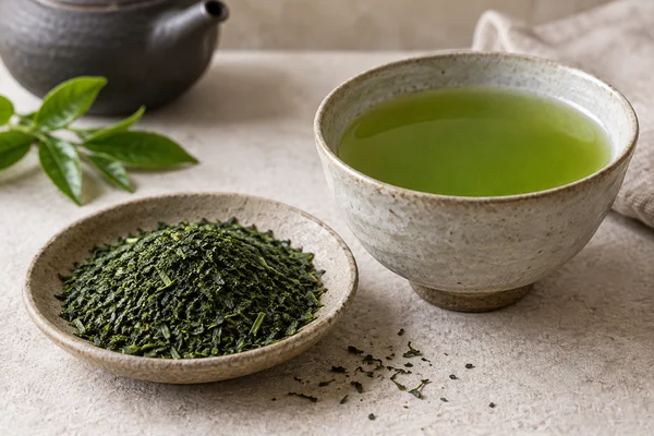 Fine broken deep-steamed sencha beside a cloudy green infusion