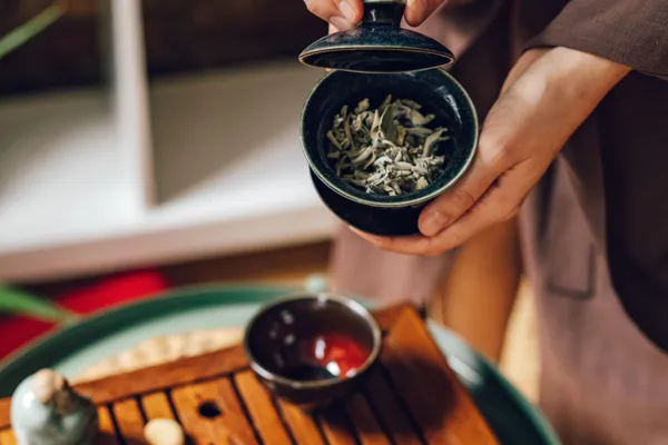 Hands holding a gaiwan with tea leaves and its lid