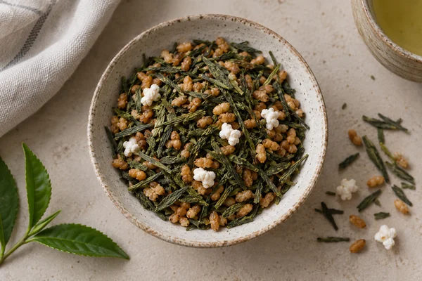 Toasted rice grains mixed with green tea leaves and a few popped white grains
