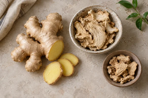 Fresh ginger slices beside dried ginger pieces and an amber infusion